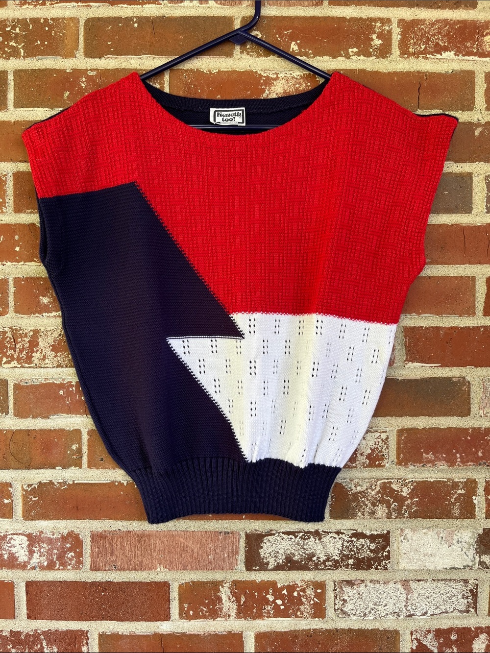 Vintage Kenneth Too Red Navy White Colorblock Knit Top